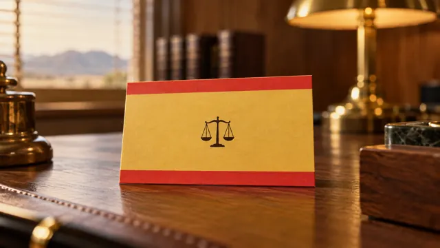 A gold business card with red bands and a small scales of justice icon standing on a walnut desk beside a brass lamp